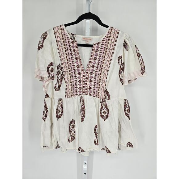 Knox Rose Womens Sz XXL Short Sleeve Peplum Boho Top Embroidered Pink Cream - Picture 1 of 4